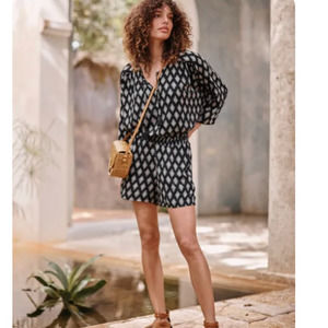 Garnet Hill romper size XL  Black diamond white pattern casual travel 3/4 sleeve